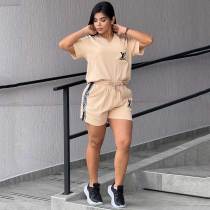 Summer Women's Cotton Casual Short Sleeve V Neck Pocket Sweatshirt Shorts Set Summer Women's Cotton Casual Short Sleeve V Neck Pocket Sweatshirt Shorts Set