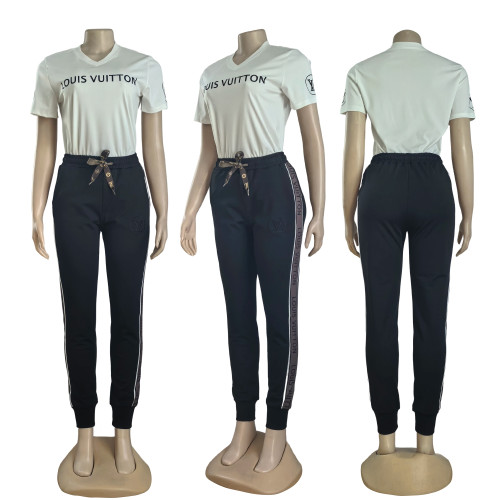 Casual Embroidered V-Neck Top Belt Cuffed Trousers Set