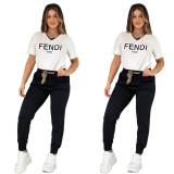 Casual Embroidered V-Neck Top Belt Cuffed Trousers Set
