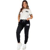 Casual Embroidered V-Neck Top Belt Cuffed Trousers Set