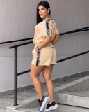 Summer Women's Cotton Casual Short Sleeve V Neck Pocket Sweatshirt Shorts Set