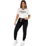 Casual Embroidered V-Neck Top Belt Cuffed Trousers Set