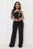 Solid Color Gold Accent Button Strapless Jumpsuit