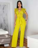 Lace Sheer Top Bow Belted Sleeveless Sports Jumpsuit