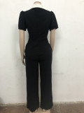 Solid Color Lapel Button Colorblock Jumpsuit