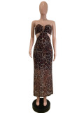 Leopard Print Wrapped Hollow Out Mesh Sexy Dress
