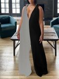 Colorblock Deep V Neck Twist Strap Knot Loose Jumpsuit