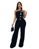 Solid Color Gold Accent Button Strapless Jumpsuit
