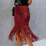 Sequin Tassel Midi Skirt Women Bodycon High Waist Party Club Skirts