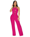 Solid Color Gold Accent Button Strapless Jumpsuit