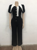 Solid Color Lapel Button Colorblock Jumpsuit
