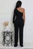 Women's Solid Color Button Single Shoulder Black Elegant Jumpsuit