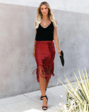 Sequin Tassel Midi Skirt Women Bodycon High Waist Party Club Skirts