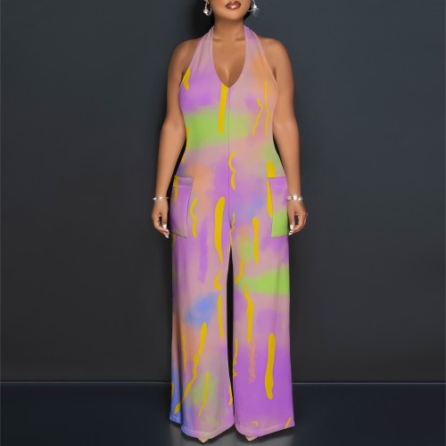 1 Piece Custom Casual Digital Printing Halter Jumpsuits