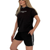 Summer Loose Hooded Embroidered Short Sleeve Shorts Set