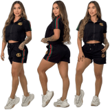 Summer Fashion Embroidery Zipper Sports Short Tops Short Two-piece Set