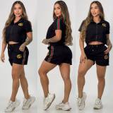 Summer Fashion Embroidery Zipper Sports Short Tops Short Two-piece Set