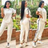 Casual Embossing Short Sleeve Sweatshirt Pant Set