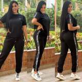 Casual Embossing Short Sleeve Sweatshirt Pant Set