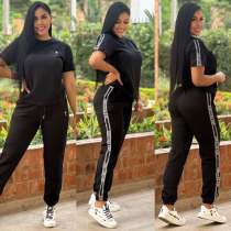 Casual Embossing Short Sleeve Sweatshirt Pant Set