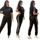 Casual Embossing Short Sleeve Sweatshirt Pant Set