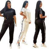 Casual Embossing Short Sleeve Sweatshirt Pant Set