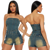Tight Slim High Elastic Washed Denim Strapless Tube Short Rompers