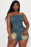 Tight Slim High Elastic Washed Denim Strapless Tube Short Rompers