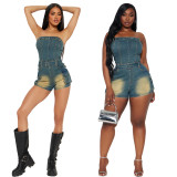 Tight Slim High Elastic Washed Denim Strapless Tube Short Rompers