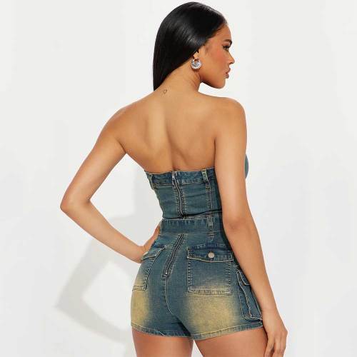 Tight Slim High Elastic Washed Denim Strapless Tube Short Rompers