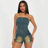 Tight Slim High Elastic Washed Denim Strapless Tube Short Rompers