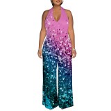 1 Piece Custom Casual Digital Printing Halter Backless Jumpsuits