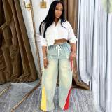 Women's Casual Drawstring High-Waist Contrast Patchwork Gradient Denim Pants