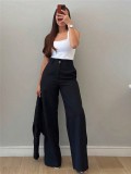 Women's OL V-Neck Black Sleeveless Button Vest High-Waist Wide-Leg Pants Suit