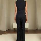 Women's OL V-Neck Black Sleeveless Button Vest High-Waist Wide-Leg Pants Suit