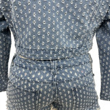 Womens 2 Pieces Denim Ripped Holes Jackets Bodycon Tracksuit Outfits Set