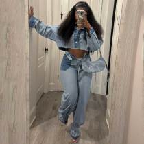 Two-Piece Cropped Jacket & Wide-Leg Pants Denim Set