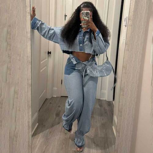 Two-Piece Cropped Jacket & Wide-Leg Pants Denim Set