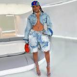 Vintage Washed Distressed Denim Frayed Patchwork Hippy Jacket & Shorts