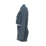 Womens 2 Pieces Denim Ripped Holes Jackets Bodycon Tracksuit Outfits Set