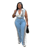 Casual Webbing Loose Stitching Denim Wide-Leg Pants Set
