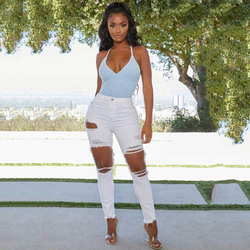 Women's Stretch Washed Ripped Jeans Slim Casual Skinny Pencil Pants