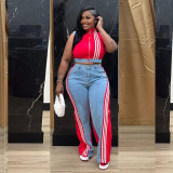 Casual Webbing Loose Stitching Denim Wide-Leg Pants Set