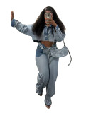 Two-Piece Cropped Jacket & Wide-Leg Pants Denim Set