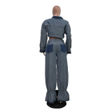 Two-Piece Cropped Jacket & Wide-Leg Pants Denim Set