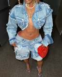 Vintage Washed Distressed Denim Frayed Patchwork Hippy Jacket & Shorts