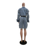 Vintage Washed Distressed Denim Frayed Patchwork Hippy Jacket & Shorts