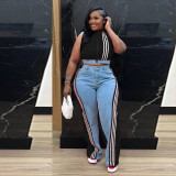 Casual Webbing Loose Stitching Denim Wide-Leg Pants Set
