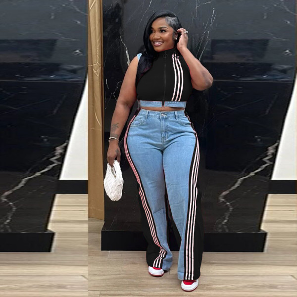 Casual Webbing Loose Stitching Denim Wide-Leg Pants Set
