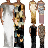 1 Piece Custom Casual Digital Printing Split Off Shoulder Maxi Dresses